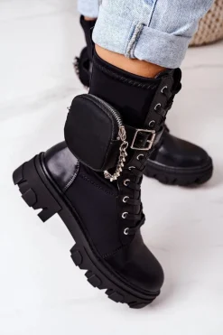 Clearance Ocieplane Workery Z Nerką Czarne Look At Me Damskie Botki Sznurowane|Czarne Botki