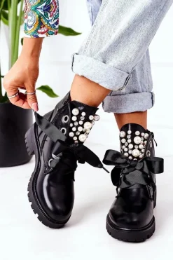 Botki Sznurowane|Czarne Botki>Boto Ocieplane Workery Z Perełkami Czarne Perla