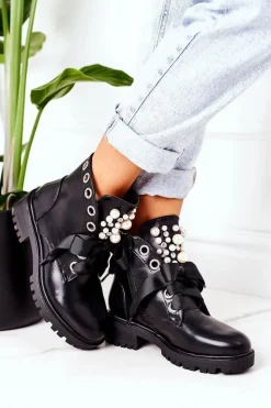 Botki Sznurowane|Czarne Botki>Boto Ocieplane Workery Z Perełkami Czarne Perla