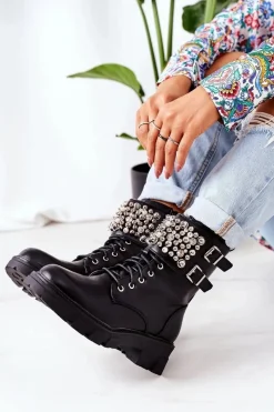 Ocieplane Workery Z Perełkami Czarne Now Or Never Damskie Botki Sznurowane|Czarne Botki
