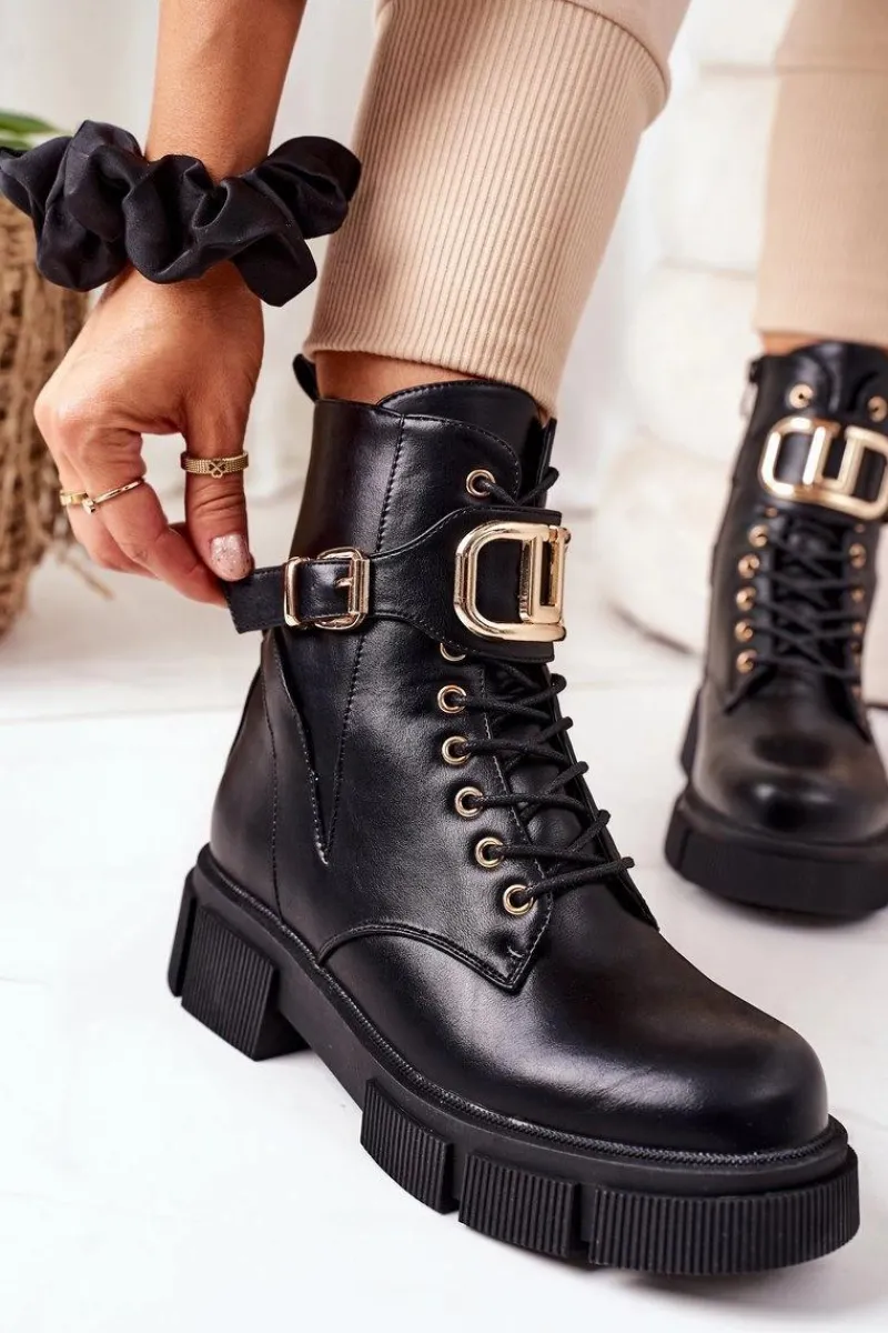 Sale Ocieplane Workery Ze Złotą Klamrą Czarne Maybelle Damskie Botki Sznurowane|Czarne Botki