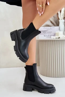 Big Star Shoes Ocieplane Wsuwane Botki Sztyblety Z Eko Skóry Big Star MM274071 Czarne