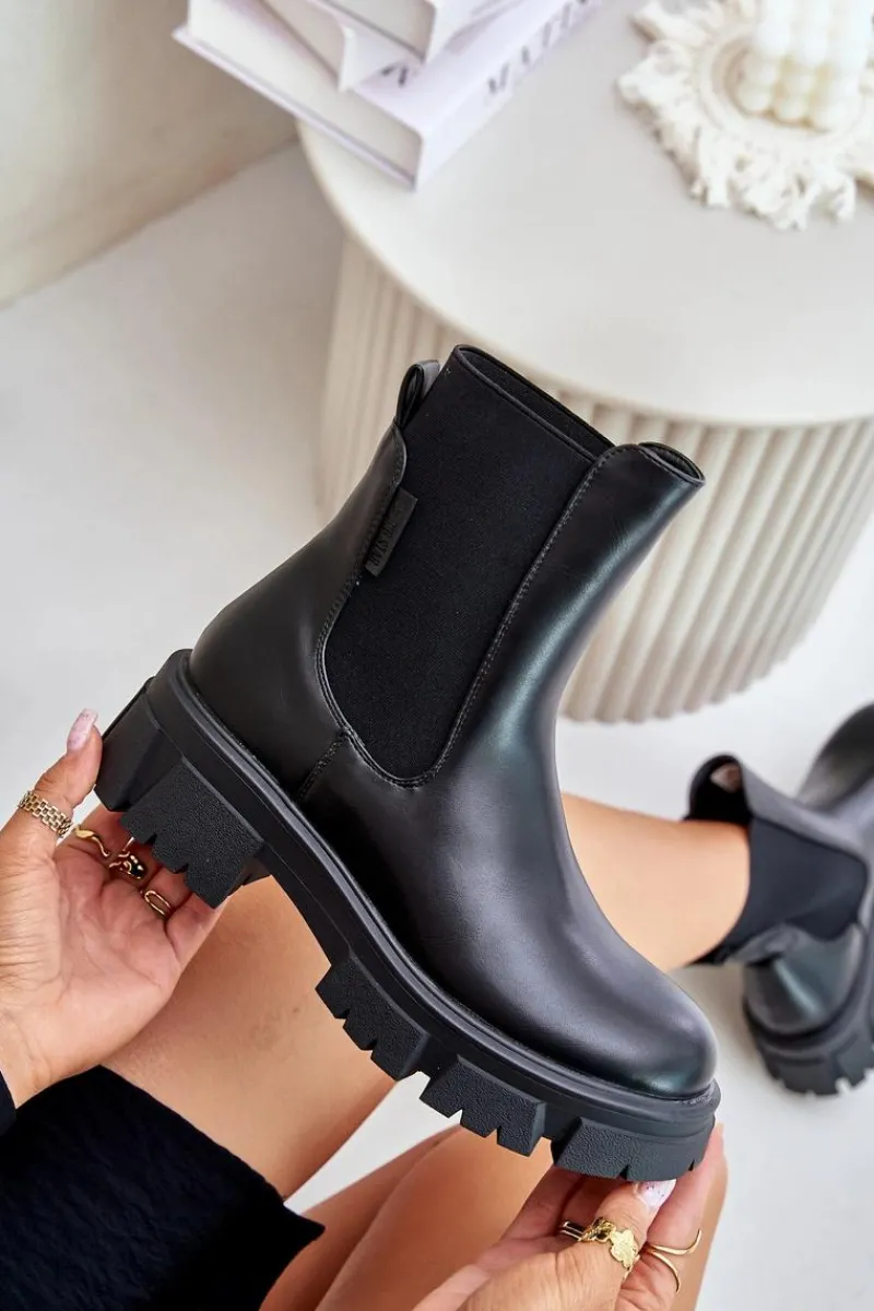 Big Star Shoes Ocieplane Wsuwane Botki Sztyblety Z Eko Skóry Big Star MM274071 Czarne