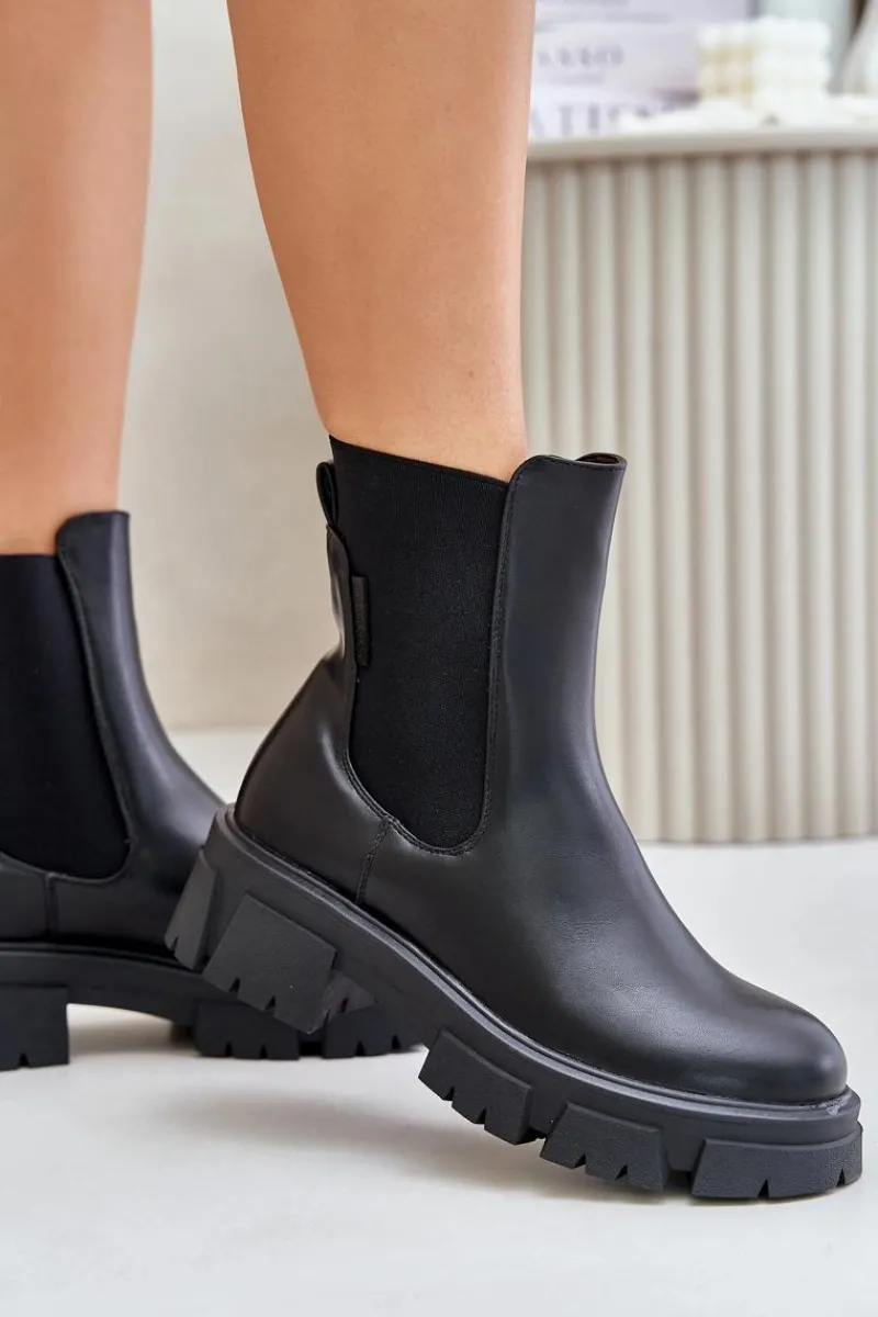 Big Star Shoes Ocieplane Wsuwane Botki Sztyblety Z Eko Skóry Big Star MM274071 Czarne