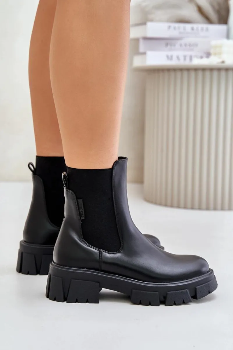 Big Star Shoes Ocieplane Wsuwane Botki Sztyblety Z Eko Skóry Big Star MM274071 Czarne