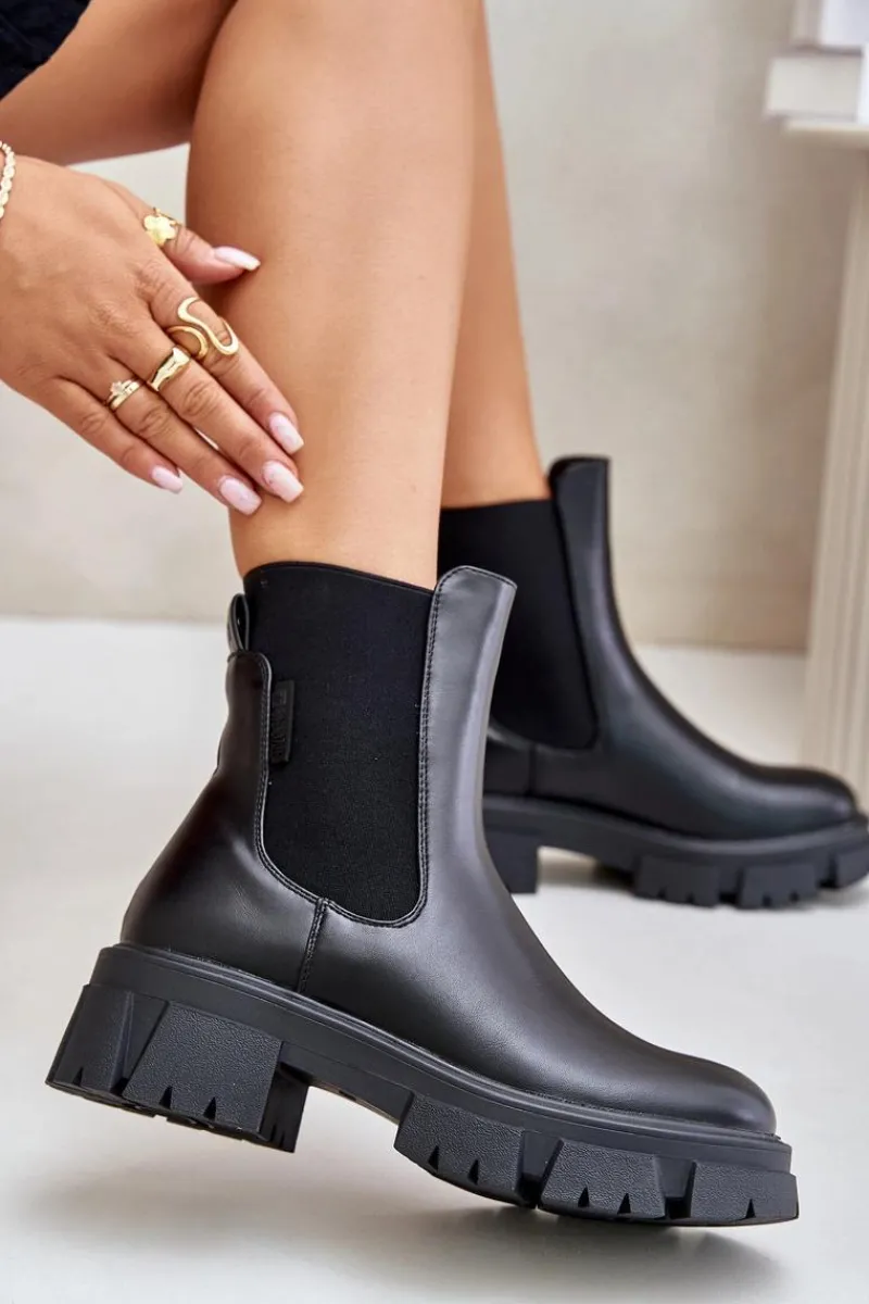 Big Star Shoes Ocieplane Wsuwane Botki Sztyblety Z Eko Skóry Big Star MM274071 Czarne