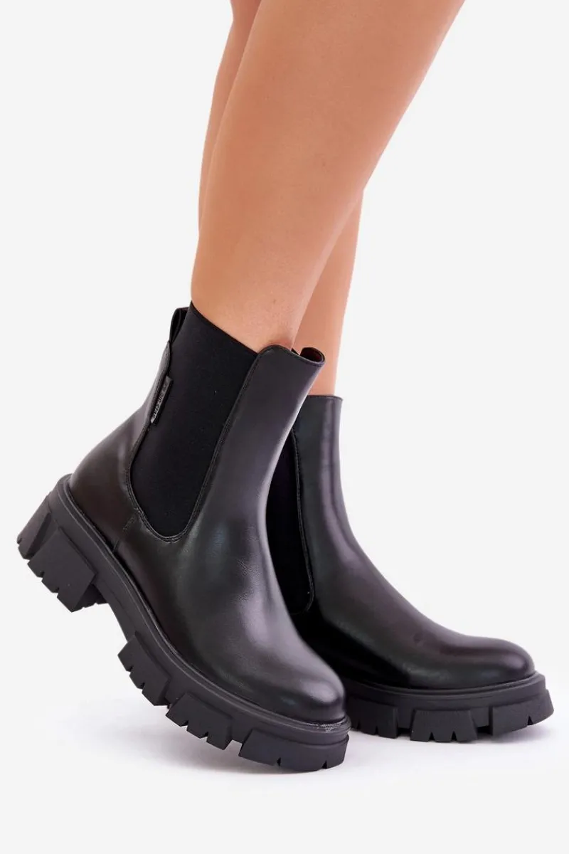 Big Star Shoes Ocieplane Wsuwane Botki Sztyblety Z Eko Skóry Big Star MM274071 Czarne