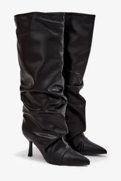 Boto Ocieplane Wsuwane Kozaki Damskie Na Szpilce Z Marszczeniem Czarne Angelica
