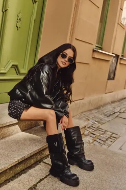 Kozaki Ocieplane|Kozaki Płaskie>Boto Ocieplane Wsuwane Kozaki Damskie Na Masywnej Platformie Z Kieszeniami Czarne Clarinda