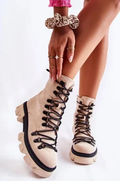 New Boto Ocieplane Zamszowe Botki Workery Wiązane Beżowe Pierro