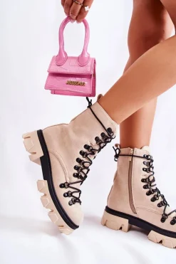 New Boto Ocieplane Zamszowe Botki Workery Wiązane Beżowe Pierro