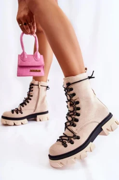 New Boto Ocieplane Zamszowe Botki Workery Wiązane Beżowe Pierro