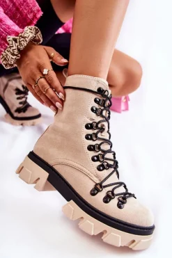 New Boto Ocieplane Zamszowe Botki Workery Wiązane Beżowe Pierro