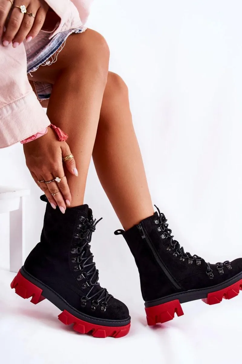 Sale Ocieplane Zamszowe Botki Workery Wiązane Czarno-Czerwone Pierro Damskie Damskie Trapery|Botki Sznurowane