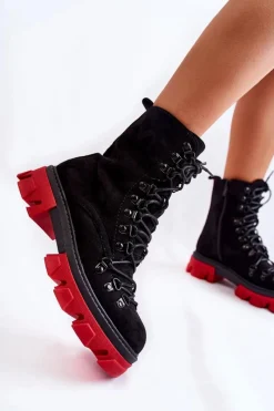 Sale Ocieplane Zamszowe Botki Workery Wiązane Czarno-Czerwone Pierro Damskie Damskie Trapery|Botki Sznurowane