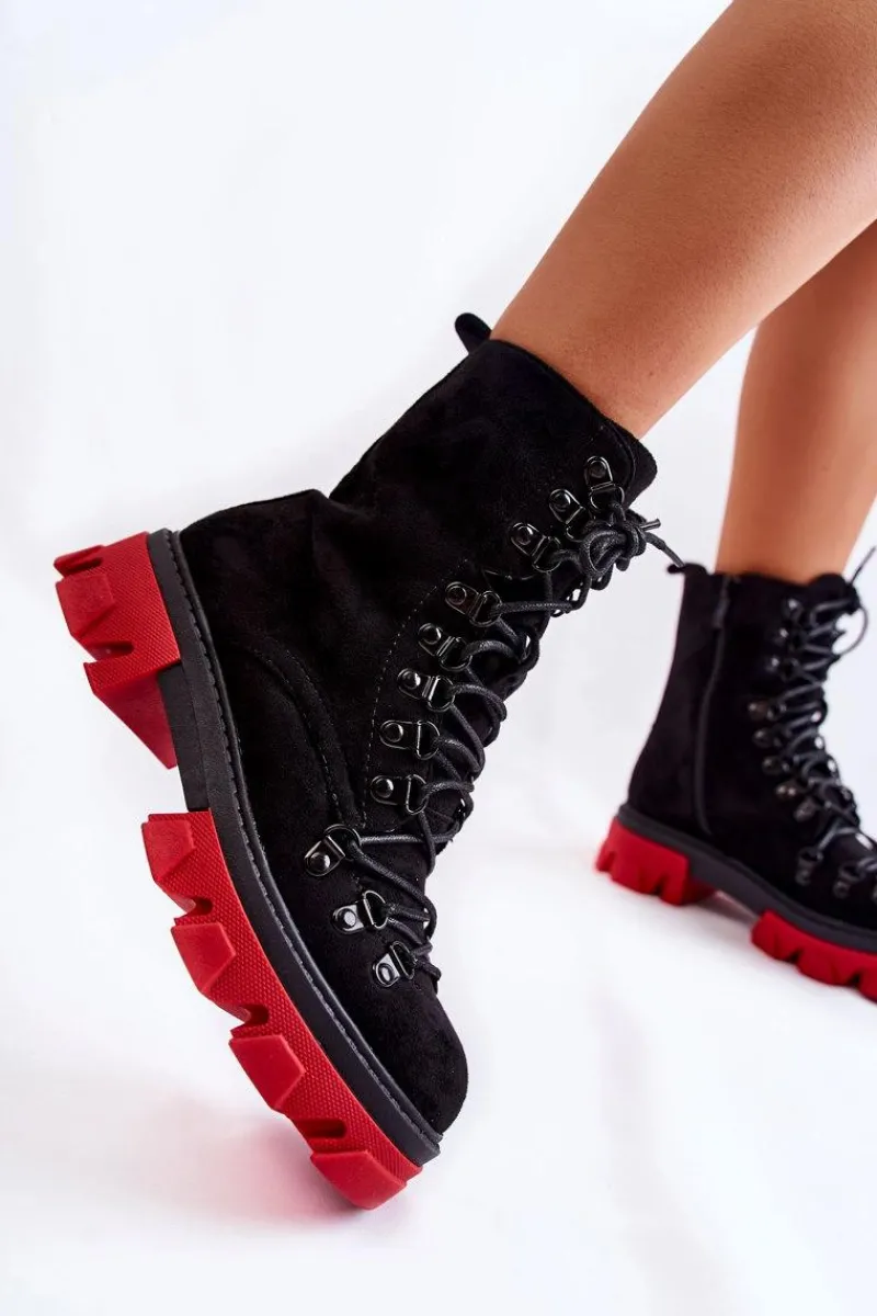 Sale Ocieplane Zamszowe Botki Workery Wiązane Czarno-Czerwone Pierro Damskie Damskie Trapery|Botki Sznurowane