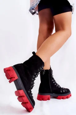 Sale Ocieplane Zamszowe Botki Workery Wiązane Czarno-Czerwone Pierro Damskie Damskie Trapery|Botki Sznurowane