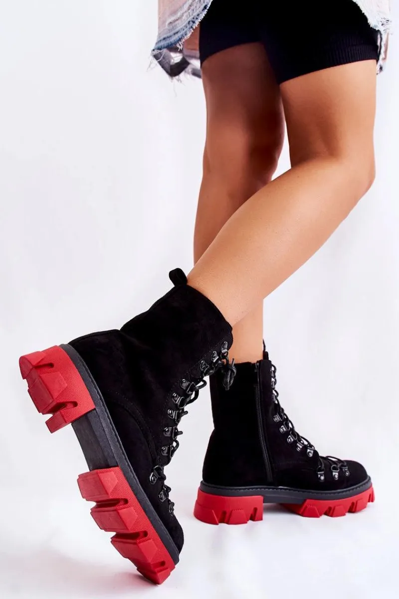 Sale Ocieplane Zamszowe Botki Workery Wiązane Czarno-Czerwone Pierro Damskie Damskie Trapery|Botki Sznurowane