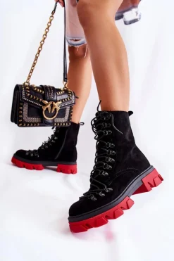 Sale Ocieplane Zamszowe Botki Workery Wiązane Czarno-Czerwone Pierro Damskie Damskie Trapery|Botki Sznurowane