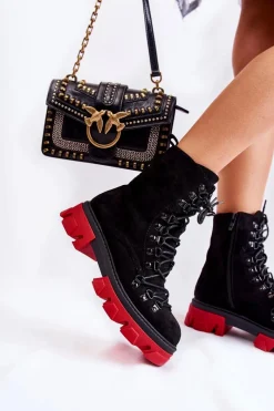 Sale Ocieplane Zamszowe Botki Workery Wiązane Czarno-Czerwone Pierro Damskie Damskie Trapery|Botki Sznurowane