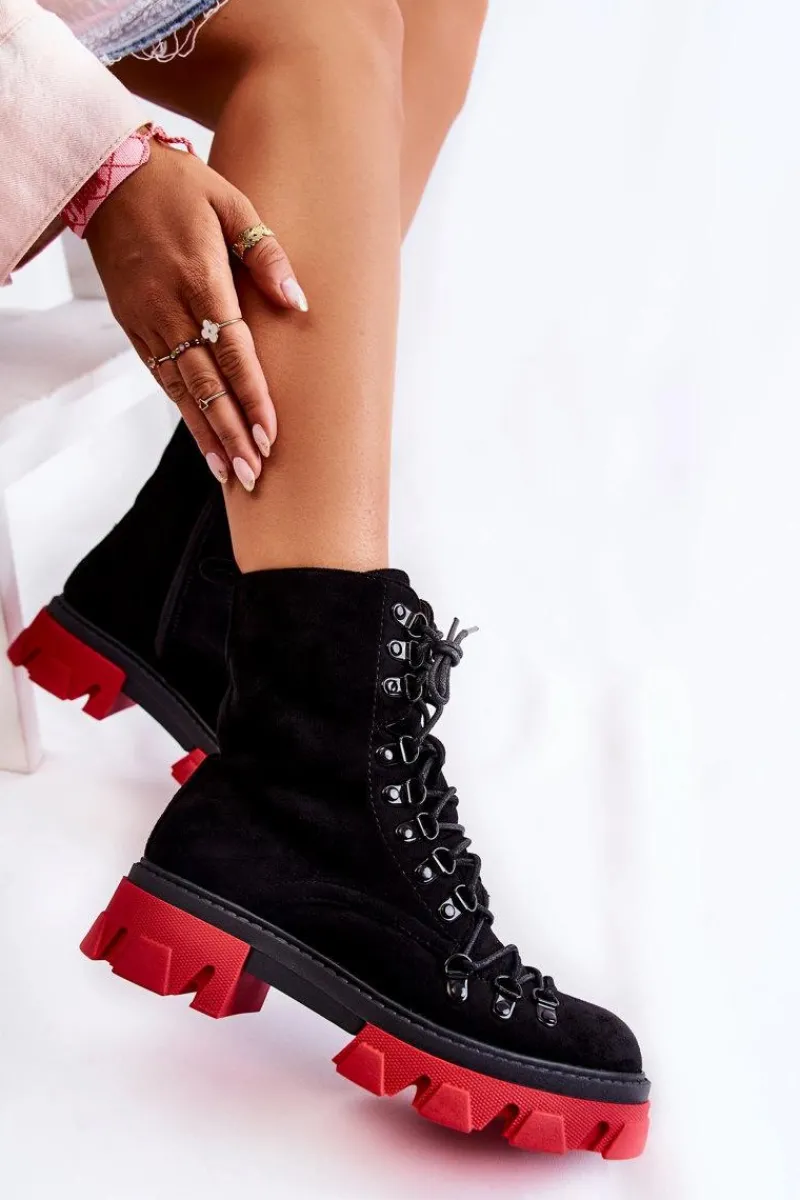Sale Ocieplane Zamszowe Botki Workery Wiązane Czarno-Czerwone Pierro Damskie Damskie Trapery|Botki Sznurowane