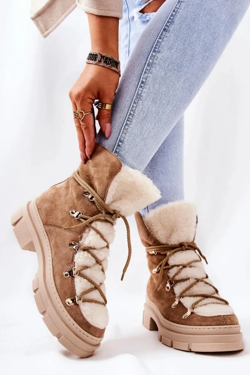 Sale Ocieplane Zamszowe Botki Trapery Beżowe Mindago Damskie Damskie Trapery|Botki Sznurowane
