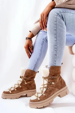 Sale Ocieplane Zamszowe Botki Trapery Beżowe Mindago Damskie Damskie Trapery|Botki Sznurowane