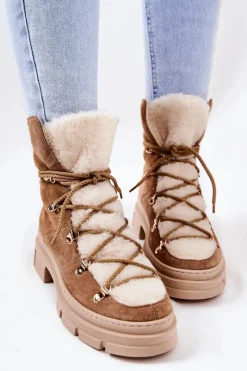 Sale Ocieplane Zamszowe Botki Trapery Beżowe Mindago Damskie Damskie Trapery|Botki Sznurowane