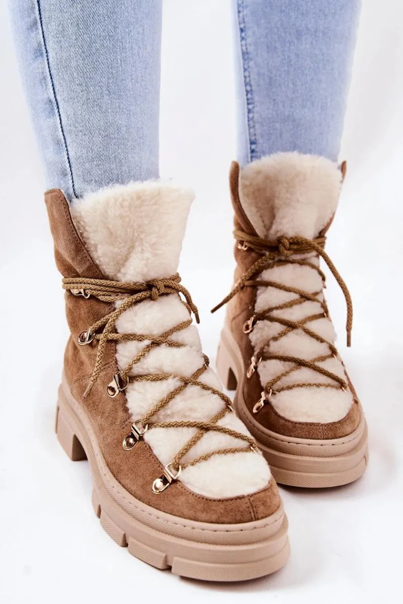 Sale Ocieplane Zamszowe Botki Trapery Beżowe Mindago Damskie Damskie Trapery|Botki Sznurowane