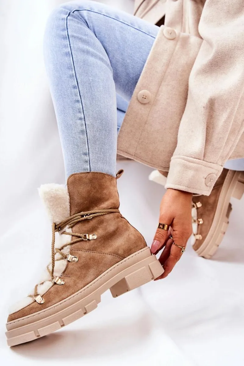 Sale Ocieplane Zamszowe Botki Trapery Beżowe Mindago Damskie Damskie Trapery|Botki Sznurowane