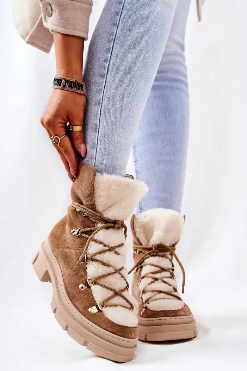 Sale Ocieplane Zamszowe Botki Trapery Beżowe Mindago Damskie Damskie Trapery|Botki Sznurowane