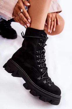 New Boto Ocieplane Zamszowe Botki Workery Wiązane Czarne Pierro Czarny