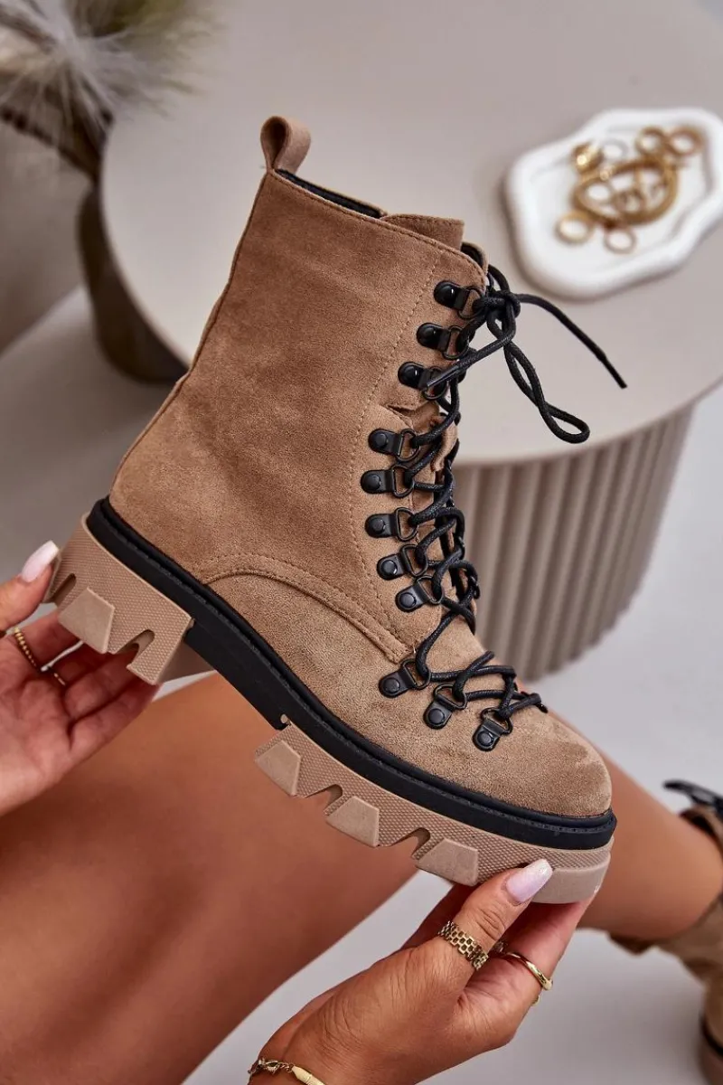 Damskie Trapery|Botki Sznurowane>Boto Ocieplane Zamszowe Botki Workery Wiązane Brązowe Pierro