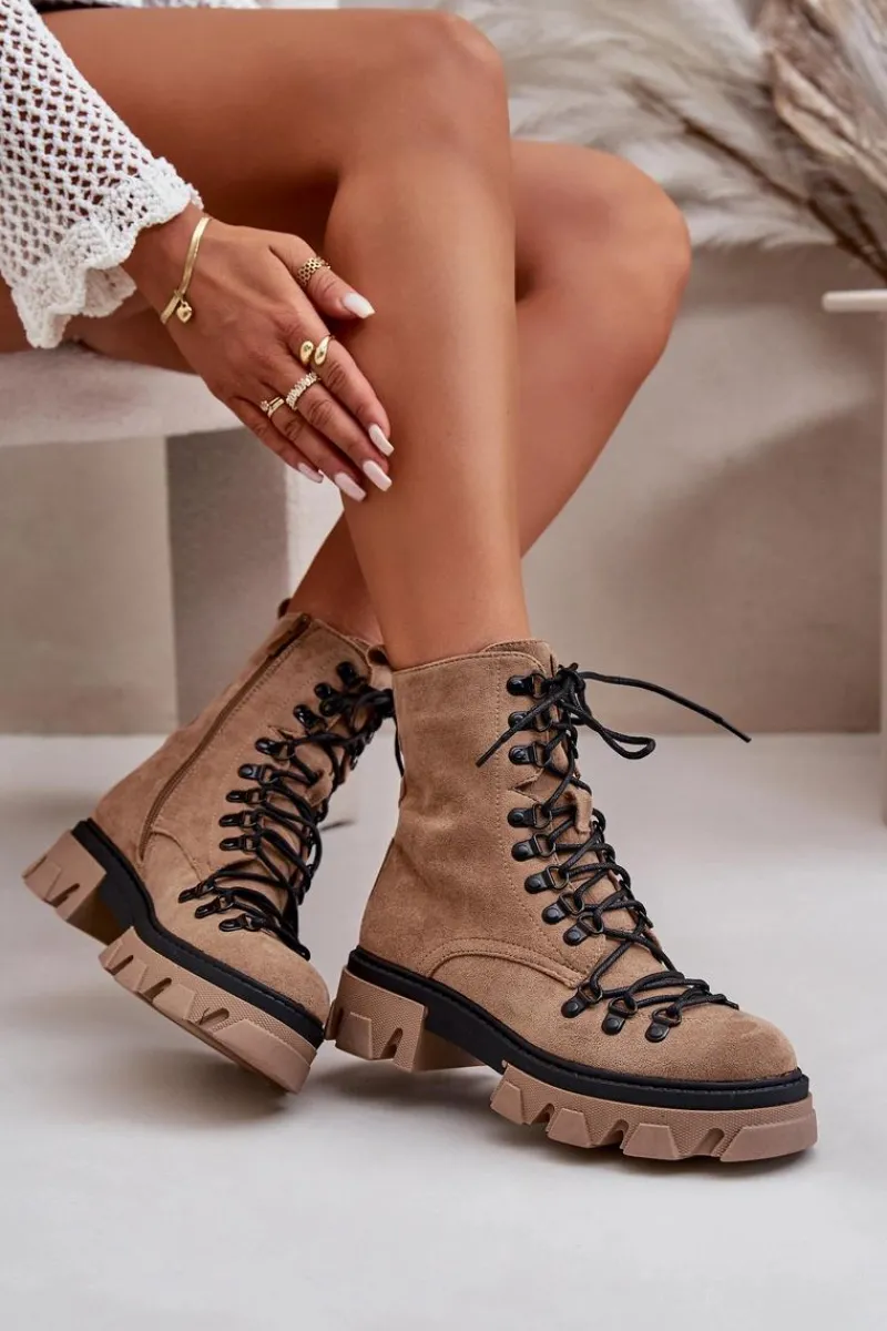 Damskie Trapery|Botki Sznurowane>Boto Ocieplane Zamszowe Botki Workery Wiązane Brązowe Pierro