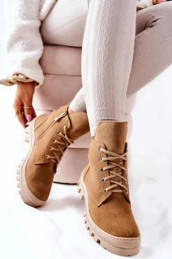 Discount Ocieplane Zamszowe Botki Trapery Camel Annabeth Damskie Botki Sznurowane|Botki Zimowe Damskie