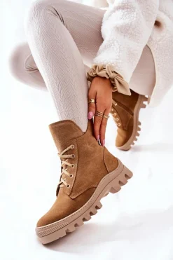 Discount Ocieplane Zamszowe Botki Trapery Camel Annabeth Damskie Botki Sznurowane|Botki Zimowe Damskie
