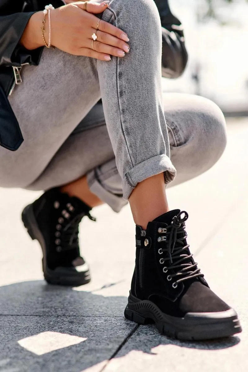 Hot Ocieplane Zamszowe Damskie Botki Trapery Czarne Jailina Damskie Botki Ocieplane|Damskie Trapery