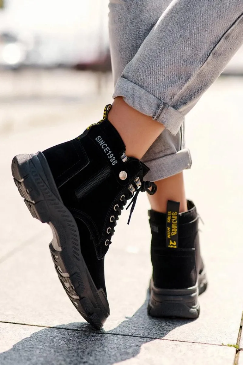 Hot Ocieplane Zamszowe Damskie Botki Trapery Czarne Jailina Damskie Botki Ocieplane|Damskie Trapery