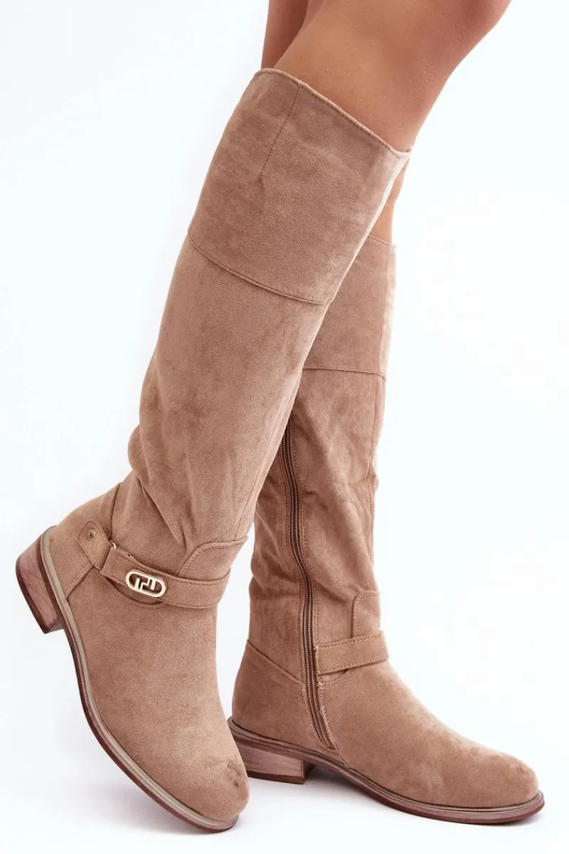 Kozaki Płaskie|Kozaki Przed Kolano>Damskie buty S.Barski Ocieplane Zamszowe Kozaki Na Płaskim Obcasie S.Barski HY07-31 Beżowe