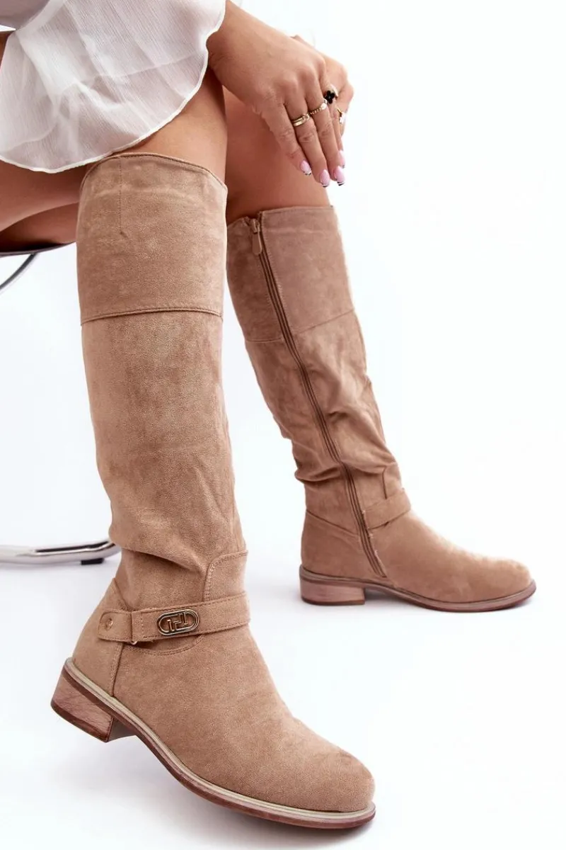 Kozaki Płaskie|Kozaki Przed Kolano>Damskie buty S.Barski Ocieplane Zamszowe Kozaki Na Płaskim Obcasie S.Barski HY07-31 Beżowe