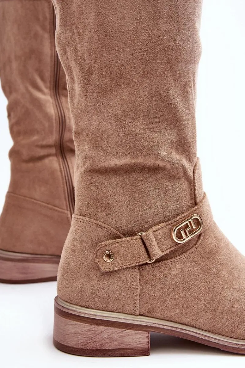 Kozaki Płaskie|Kozaki Przed Kolano>Damskie buty S.Barski Ocieplane Zamszowe Kozaki Na Płaskim Obcasie S.Barski HY07-31 Beżowe