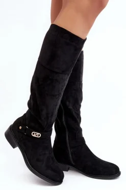 Sale Damskie buty S.Barski Ocieplane Zamszowe Kozaki Na Płaskim Obcasie S.Barski HY07-31 Czarne