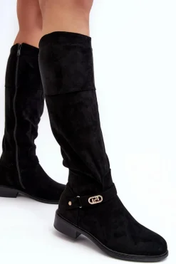 Sale Damskie buty S.Barski Ocieplane Zamszowe Kozaki Na Płaskim Obcasie S.Barski HY07-31 Czarne