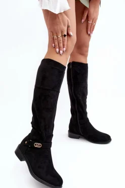 Sale Damskie buty S.Barski Ocieplane Zamszowe Kozaki Na Płaskim Obcasie S.Barski HY07-31 Czarne