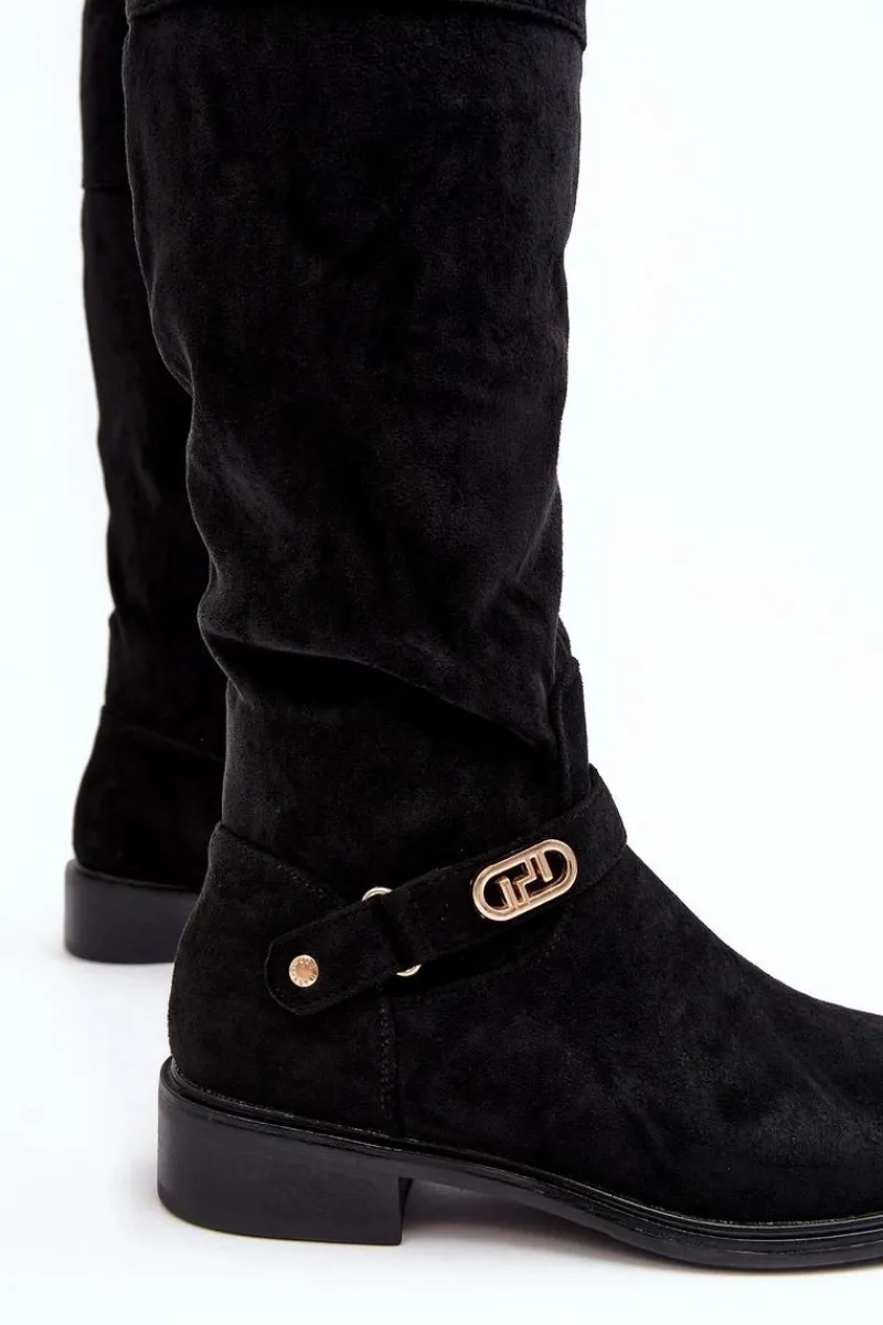 Sale Damskie buty S.Barski Ocieplane Zamszowe Kozaki Na Płaskim Obcasie S.Barski HY07-31 Czarne