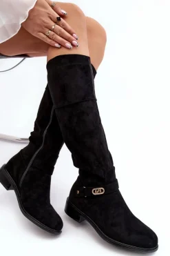 Sale Damskie buty S.Barski Ocieplane Zamszowe Kozaki Na Płaskim Obcasie S.Barski HY07-31 Czarne