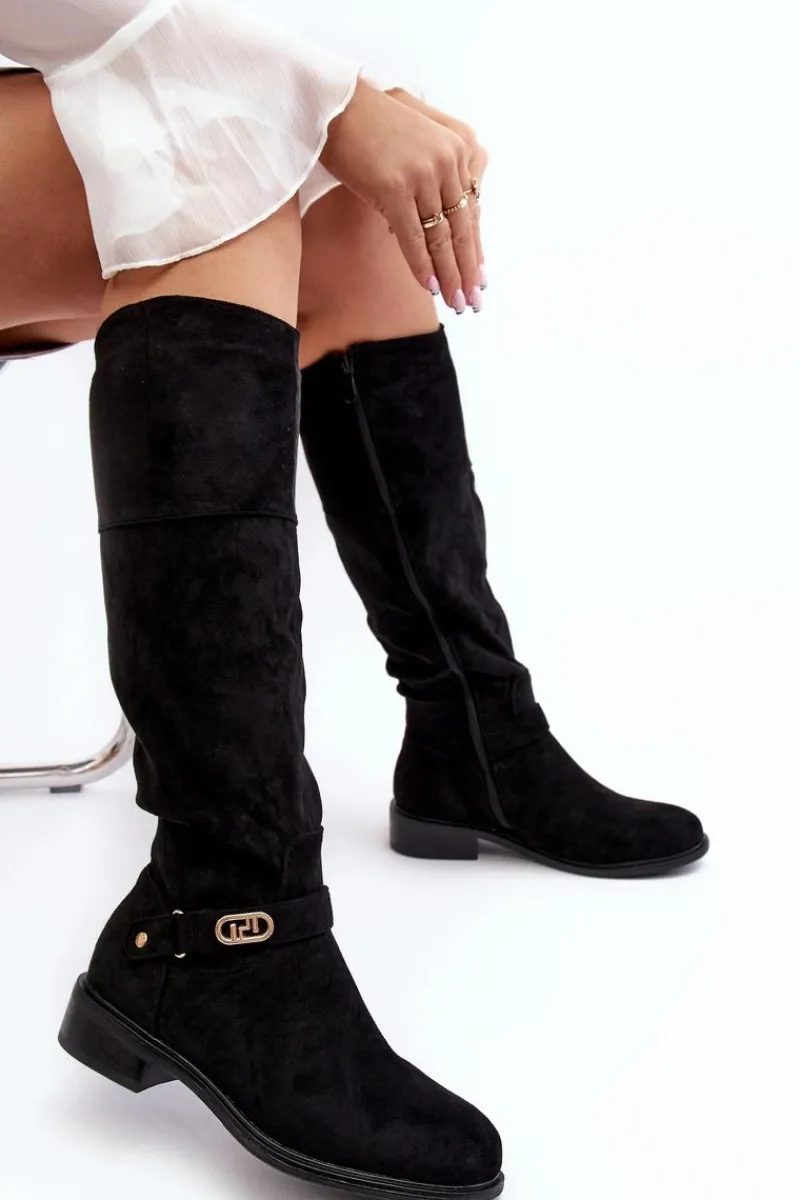 Sale Damskie buty S.Barski Ocieplane Zamszowe Kozaki Na Płaskim Obcasie S.Barski HY07-31 Czarne