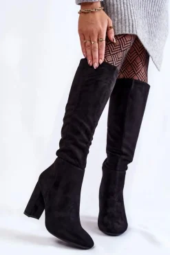 Outlet Ocieplane Zamszowe Kozaki Na Słupku Czarne Obsessive Damskie Kozaki Przed Kolano|Kozaki Na Obcasie