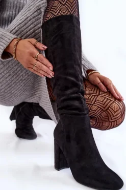 Outlet Ocieplane Zamszowe Kozaki Na Słupku Czarne Obsessive Damskie Kozaki Przed Kolano|Kozaki Na Obcasie
