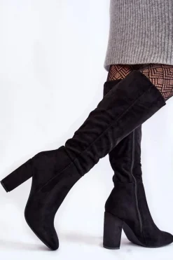 Outlet Ocieplane Zamszowe Kozaki Na Słupku Czarne Obsessive Damskie Kozaki Przed Kolano|Kozaki Na Obcasie
